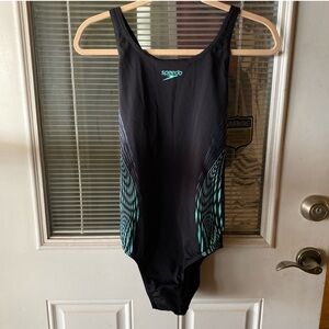 Speedo Women's Black and Teal One Piece Swimsuit